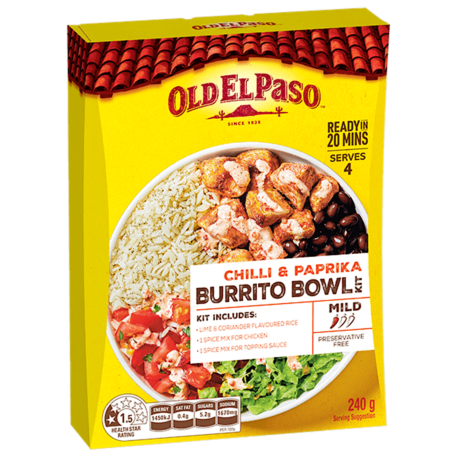 a pack of chili & paprika mild burrito bowl kit containing lime & coriander flavoured rice & spice mixes (240g)